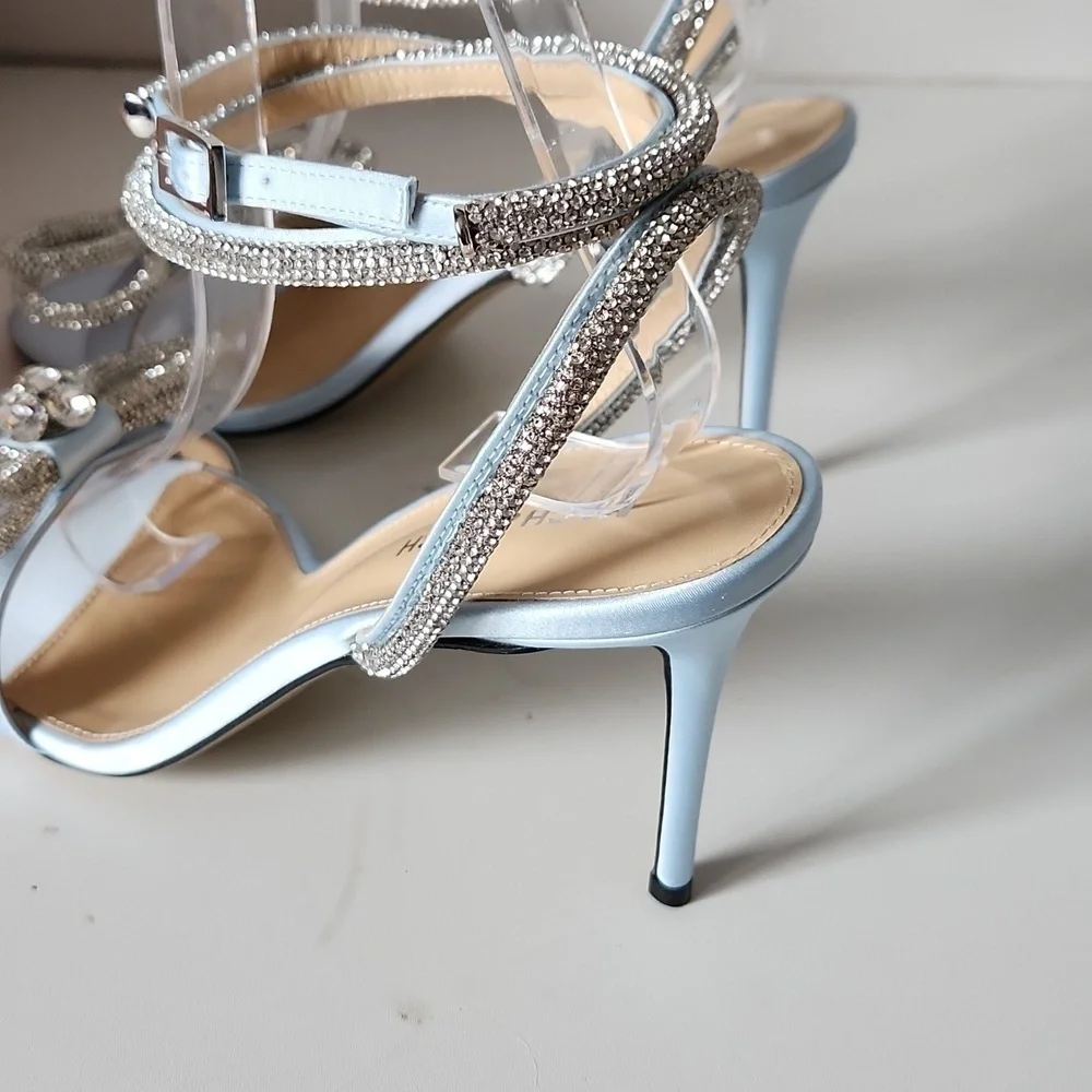 NIB MACH & MACH | Double Bow Round Toe Satin Sandals Heels Pumps Blue Sz 10B 40